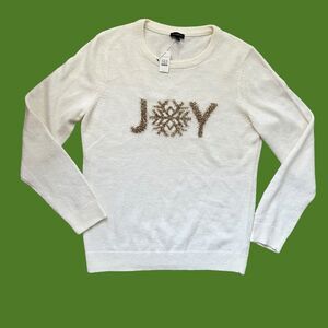 NEW Talbots Christmas Sweater Joy Alpaca Lambs Wool Blend Ivory Large